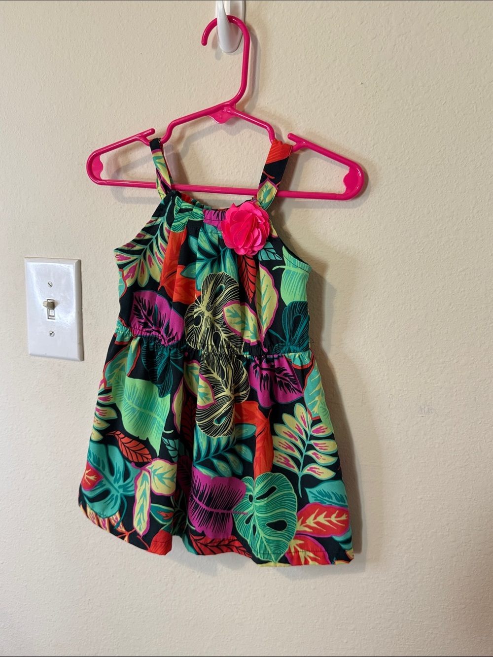 Cherokee Tropical Leaf Sundress with Pink Flower Accent Pre-loved